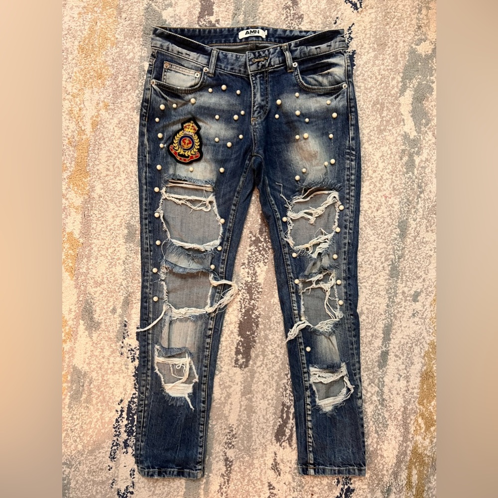 AMN Turkish Brand Beaded Ripped Jeans with Embroidery